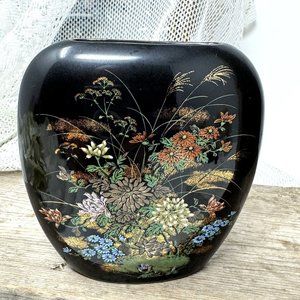 Black  Ceramic Oriental Style Vase with Colorful Flowers